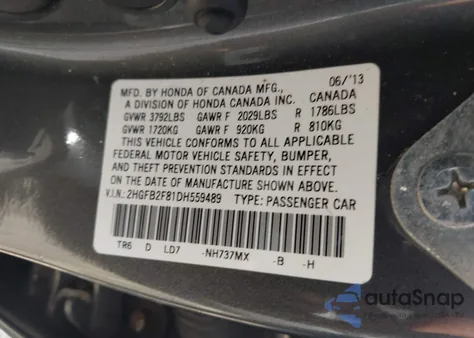 2013 Honda Civic Ex из США, поврежденный, VIN 2HGFB2F81DH559489